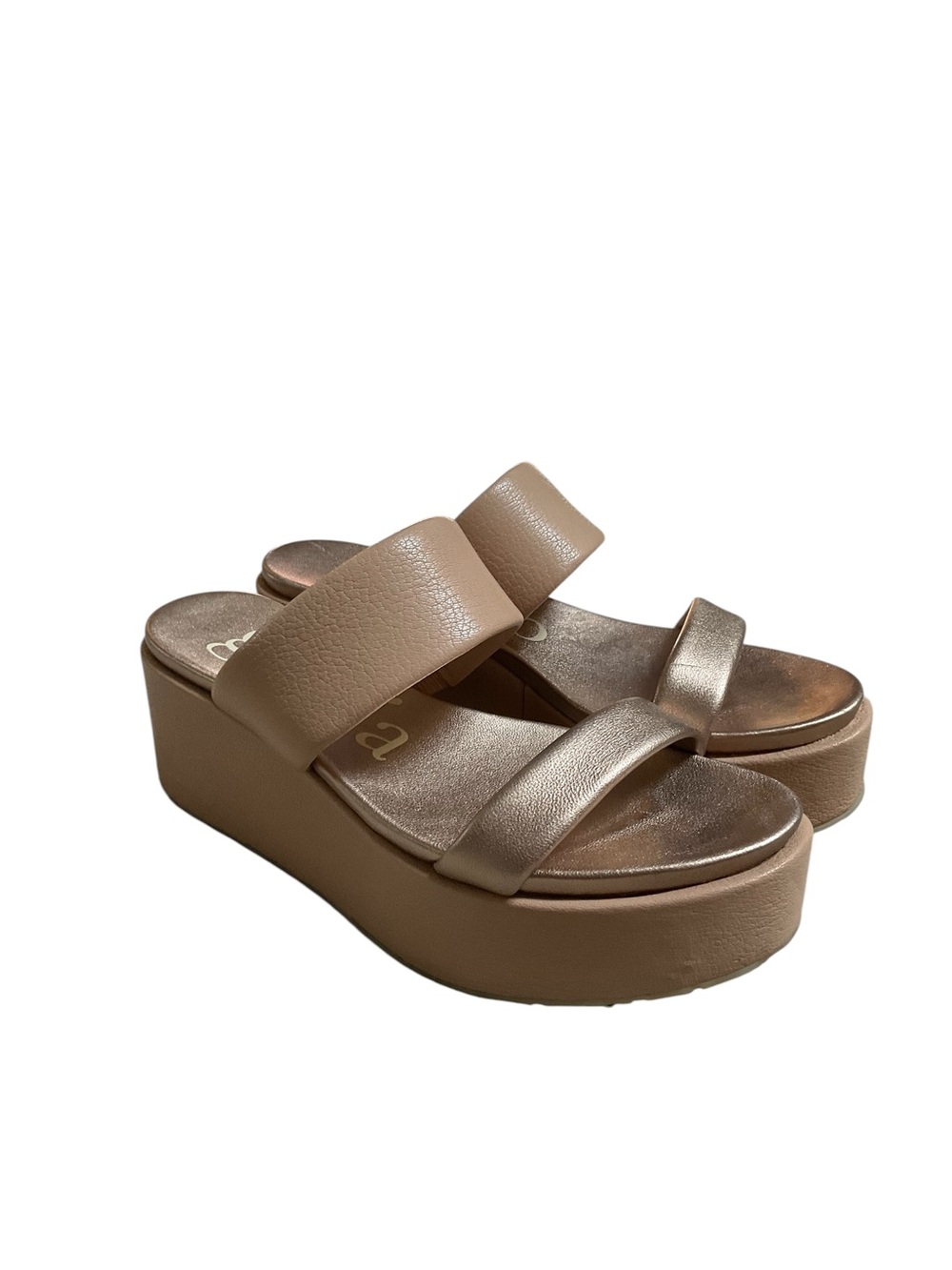 Pedro Garcia Beige Platform Slide Sandals with Metallic Strap